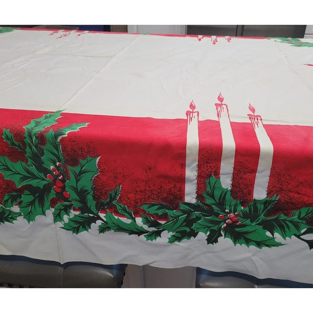 Vintage California Hand Prints Christmas Tablecloth Wreath Candle MCM 60
